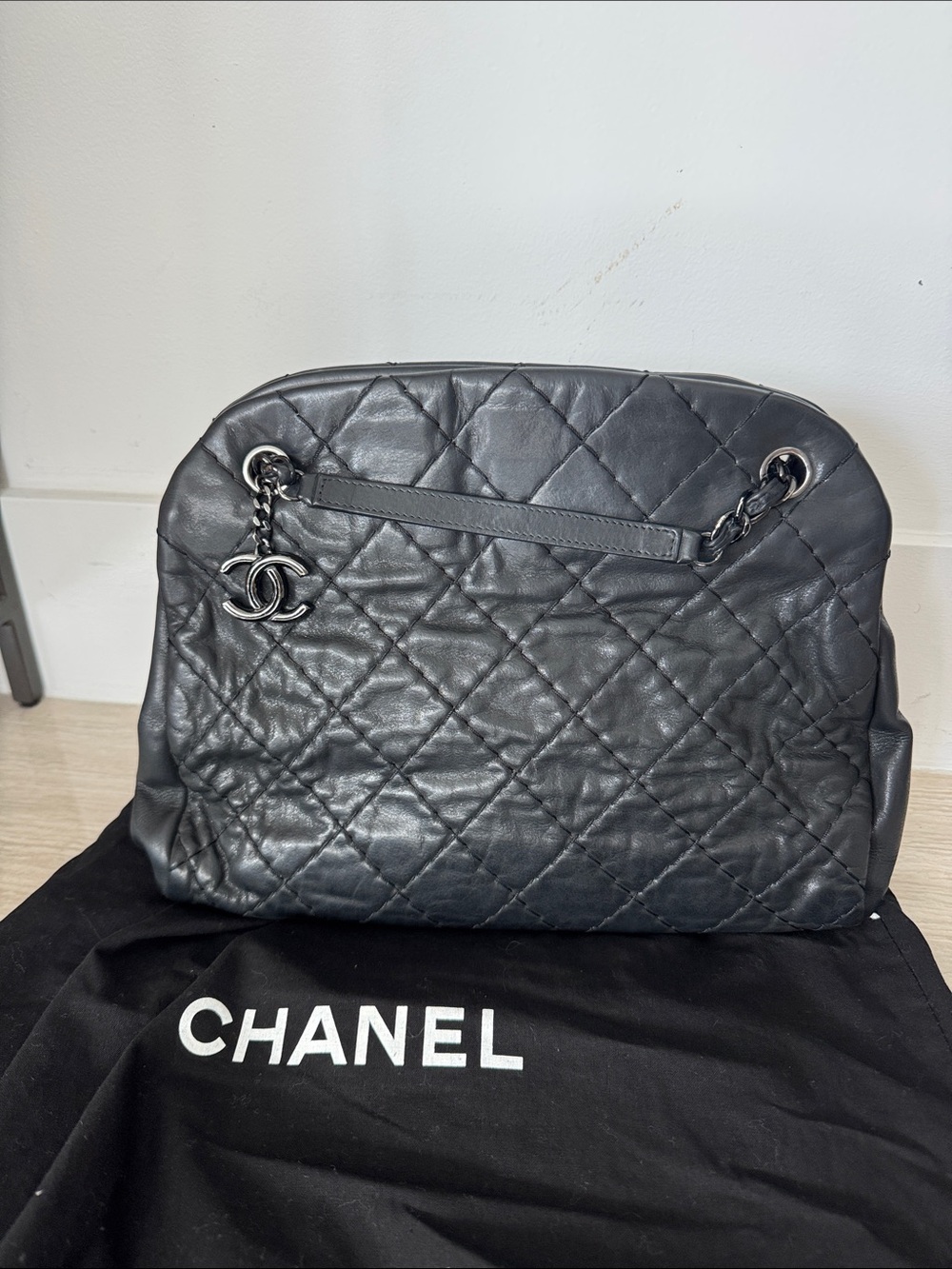 CHANEL Black Quilted Lambskin Shoulder Bag with CC Charm